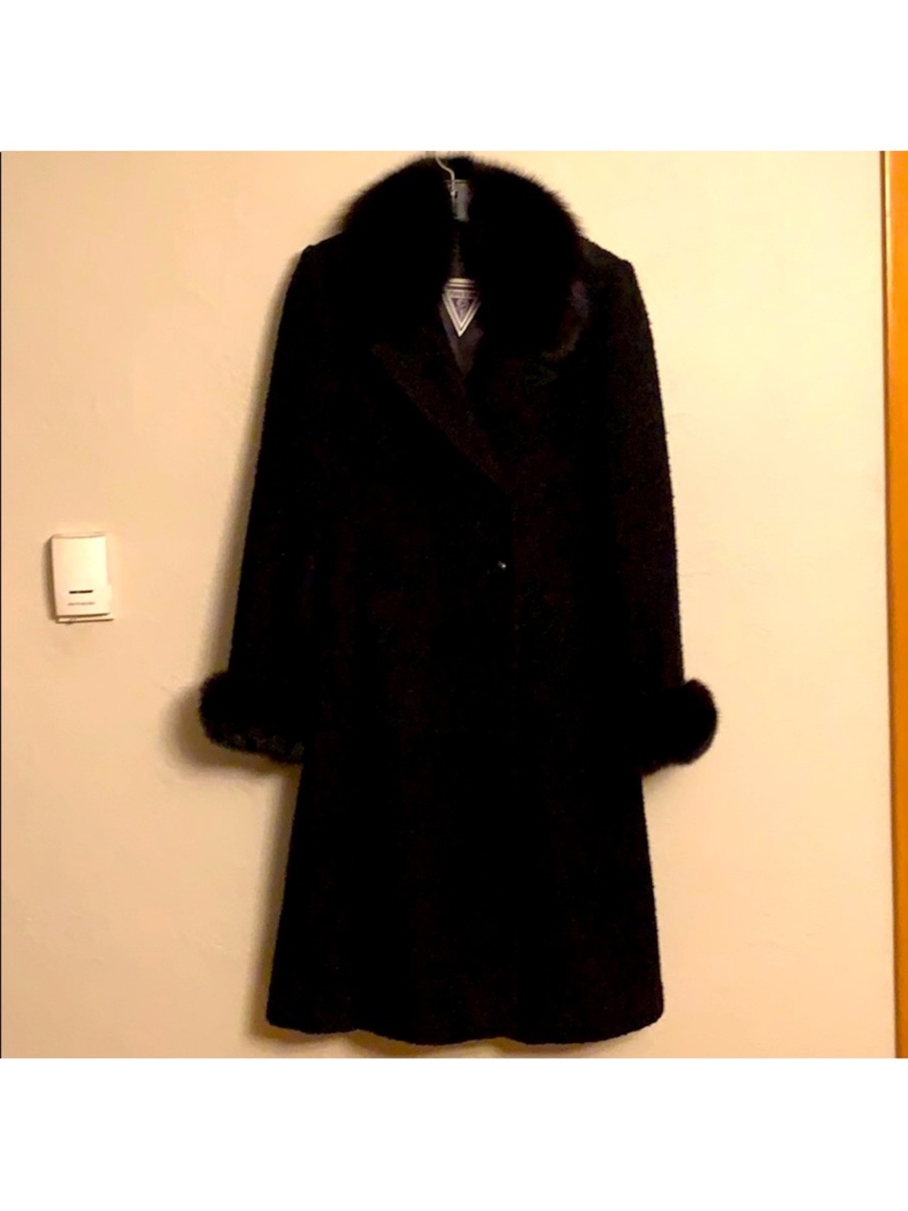 Marvin Richards Black Wool Trench Coat with Fur Trim
